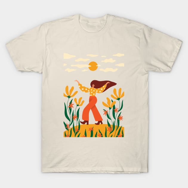 Sunshine Hippie Girl with flowers illustration T-Shirt by WeirdyTales